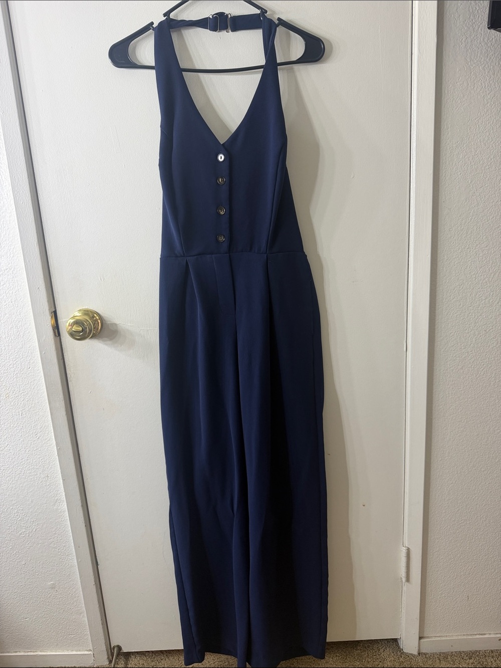 Women’s Navy Button-Front Wide-Leg Jumpsuit
